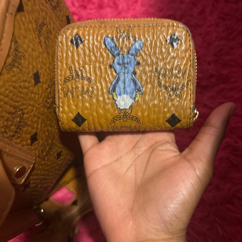 MCM Brown and Blue Clutch with Rabbit Design